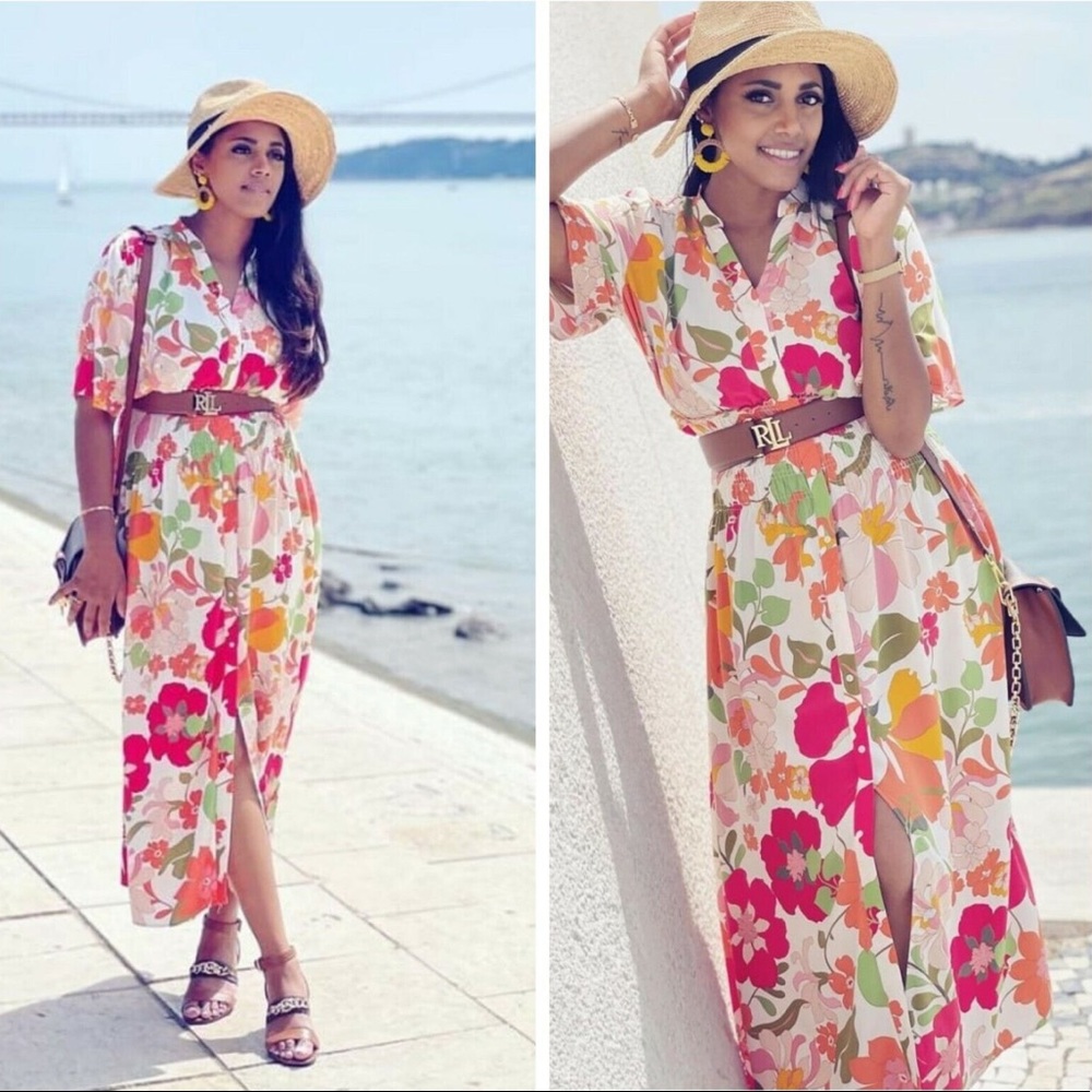 Zara Pink, Green & Orange Floral V-Neck Midi Dress